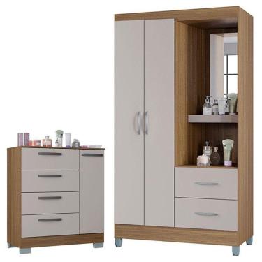 Imagem de Cômoda 868 4 Gavetas E 1 Porta Com Guarda Roupa Solteiro Córdoba 2 Portas Castanho Off White - Poquema