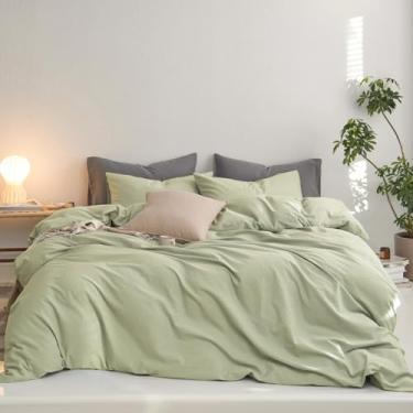 Imagem de MooMee Conjunto de capa de edredom Queen, 100% algodão lavado, como sarja, material resistente, super macio, respirável, roupa de cama durável para todas as estações, 3 peças (Sálvia Mista, Queen 228