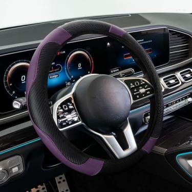 Imagem de Lyxheth Capa de volante de carro, protetor de volante, protetor de volante elástico de couro de microfibra de fibra de carbono de 38 cm, acessórios de volante de carro para veículos (preto e roxo)
