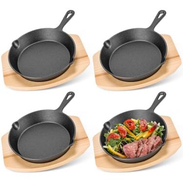 Imagem de Lallisa Conjunto de 4 conjuntos de frigideiras de ferro fundido de 19 cm com base de madeira para cozinha doméstica, churrasqueira, festa, chef, restaurante, serviço de catering