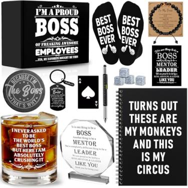 Imagem de Conjunto de 15 peças de presentes de Dia do Chefe para homens, Best Boss Ever Presentes com 325 ml Copo de Whisky Pedras Meias Placa de Cristal Espiral Caderno Chaveiro, Presente Inspirador de Chefes