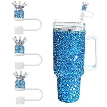 Imagem de JIASHEBDE Conjunto de 3 peças de topo de palha de diamante de coroa para copos Stanley - Capas de palha brilhantes com strass brilhantes para copos de 30 e 1,134 g, 21 cores para presente de princesa