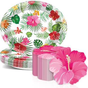Imagem de 50 peças de pratos ovais de papel havaiano luau hibisco para suprimentos de festa floral Aloha Tropical Pratos e guardanapos descartáveis de verão para decoração de festa de aniversário de casamento