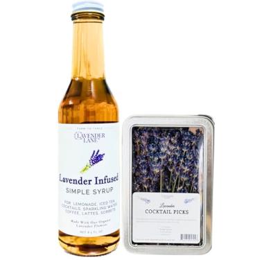 Imagem de Palitos de coquetel de lavanda orgânica - 50 ramos/hastes aromáticas e coloridas, para coquetéis, enfeite, limonada, mocktails, sobremesa, xarope simples (palhetas de coquetel roxo + xarope de lavanda