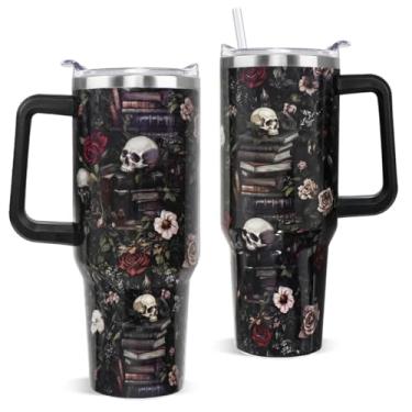 Imagem de Nqhsionv Livros presentes 1,134 g Goth Skull Rose Tumbler Gothic Bookworm café canecas de viagem copo isolado com alça e canudo presentes para mulheres leitoras, leitoras, bibliotecárias, amantes de