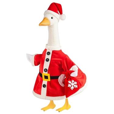 Imagem de Lodaxu Roupa de Natal de ganso para varanda de Papai Noel grande de 58,4 cm de altura ou estátua de ganso de plástico, panos de ganso de quintal com saco de presente de floco de neve e decoração de