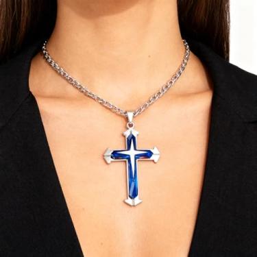 Imagem de Colar masculino de cruz de aço de titânio, colar de liga cruzada, com corrente de elos de bambu de camada dupla para presente de joias masculinas, One Size, Metal, Sem Pedra Preciosa