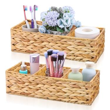 Imagem de WLLHYF Cestos de vime com 3 seções, caixa de armazenamento de jacinto de água, cesto de decoração de quarto, suporte de papel higiênico, organizador de mesa tecido à mão, recipiente retangular para