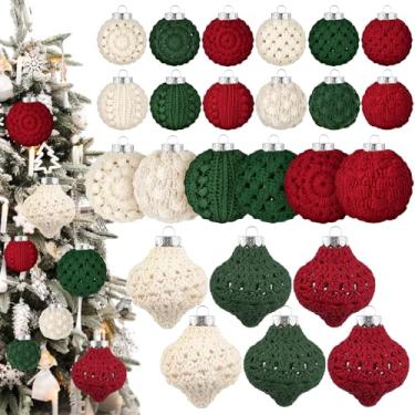 Imagem de Syhood 24 peças de enfeites de Natal de crochê, 5 estilos, 6 cm, 8 cm, enfeites de bola de pinha de Natal tricotados feitos à mão para decoração de festa de árvore de Natal (vermelho, verde, branco