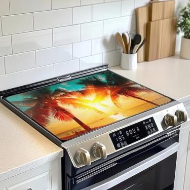 Imagem de Tampa superior de fogão de praia com palmeira tropical pôr do sol para elétrico, capa de fogão de cerâmica de vidro, protetor de fogão plano resistente ao calor, tapetes de secagem de pratos para