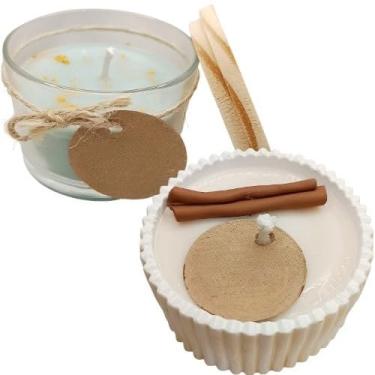 Imagem de Vela Aromática Lavanda Perfumada Artesanal Vegetal Vaso de Gesso Vasinho(1 Canela + 1 Algodão (100g))