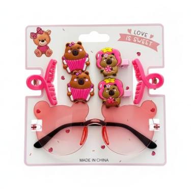 Imagem de Kit Acessórios Infantis 7 peças – Óculos de Sol Rosa Ursinho + 4 Presilhas Decoradas + 2 Piranhas - Conjunto para Meninas Festa, Lembrancinha e Fantasia (Rosa)