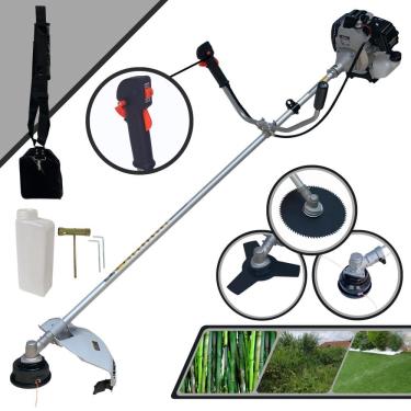 Imagem de Roçadeira À Gasolina Toyama TBC43H 43cc 1,7HP Com Sistema Antivibração 2T Alta Rotação Completa Com Carretel de Nylon + Faca 3 Pontas + Faca 80 Dentes