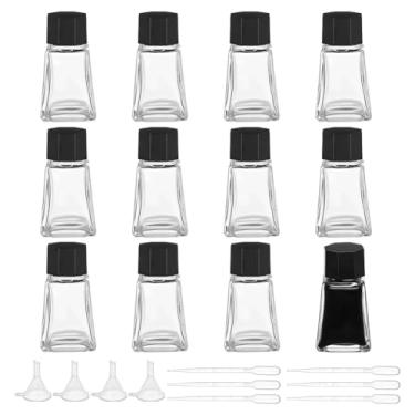 Imagem de BENECREAT 12 frascos de tinta de vidro resistentes, frascos de tinta vazios transparentes de 30 ml, garrafas de vidro com tampas de plástico pretas, com 6 conta-gotas de plástico, 4 funis de 3,7 x 3,7