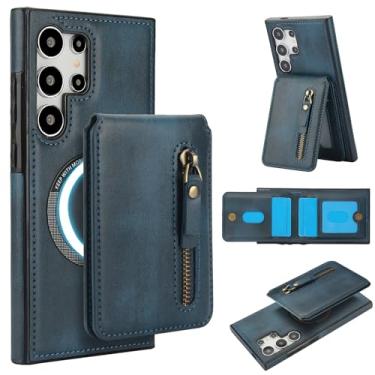 Imagem de Carteira destacável compatível com carregamento sem fio Magsafe para Samsung Galaxy S24 Ultra capa com suporte para cartão, bolso com zíper, suporte 2 em 1 capa à prova de choque (azul)