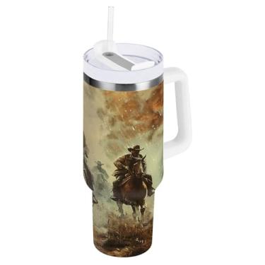 Imagem de xigua Copo vintage Western Cowboy de 850 g com tampa e canudo, aço inoxidável de vácuo duplo isolado garrafa de água esportiva suporte para copo de café de viagem à prova de vazamento para bebida