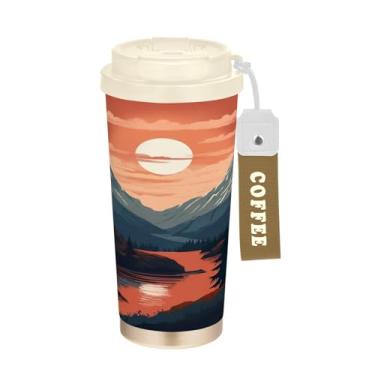 Imagem de Blueangle Caneca de café isolada vintage paisagem de montanha - copo de aço inoxidável à prova de vazamento e derramamento para acampamento e ar livre, garrafa de água reutilizável de 505 ml com tampa