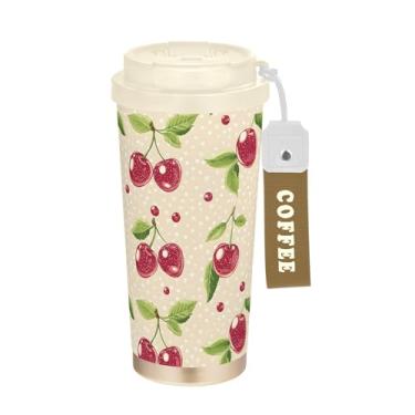 Imagem de SEHANY Caneca de viagem de cereja fofa de 482 g Copos de café reutilizáveis revestidos de cerâmica com tampa à prova de vazamento, parede dupla, isolamento a vácuo, copo de café de aço inoxidável para