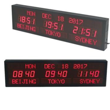 Imagem de Relógio de parede de hora mundial, relógio mundial de LED digital de 3 cidades com calendário perpétuo cidades personalizadas calibradas automáticas para empresas hoteleiras