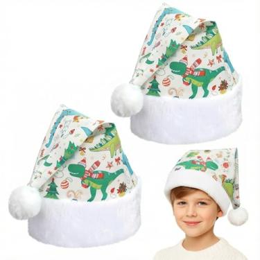 Imagem de Eurzom 2 Pcs Christmas Santa Hat Furry Xmas Hat with Comfort Lining and Brim Large Unisex Plush Santa Cap for Women Men (White Green,Dinosaur)