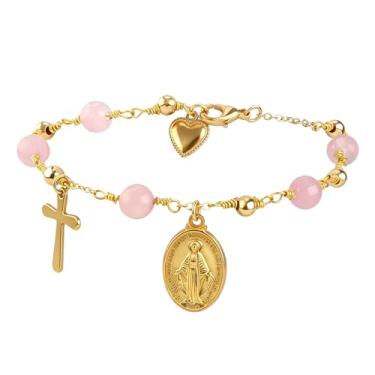 Imagem de INSYOHO Conjunto de 2 pulseiras de cruz olho de tigre dourado madrinha, Virgem Maria, quartzo rosa e padrinho - presentes de Natal para batismo católico para mulheres e homens, One Size, Pedra