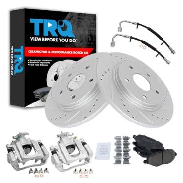 Imagem de TRQ Kit de pastilhas de freio e rotor de cerâmica de desempenho perfurado X compatível com Chrysler Town & Country Dodge Grand Caravan 2012-2015 Ram C/V 2013-2014 Volkswagen Routan