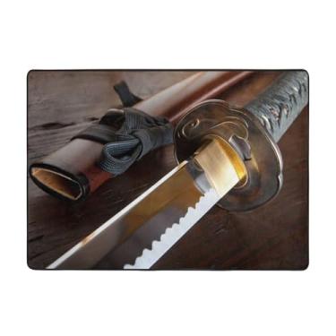 Imagem de Tapete de área de espada samurai japonês 148 x 203 cm, tapete de área de sala de estar moderno lavável, tapete de área grande de luxo com absorção de água, tapetes macios antiderrapantes para quarto,