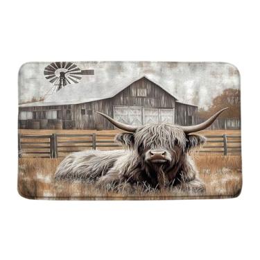 Imagem de VPUPCN Highland Tapete de banho de vaca ocidental fazenda animal touro rústico celeiro moinho de vento fazenda campo microfibra espuma memória tapete de banheiro capacho cozinha banheiro tapete