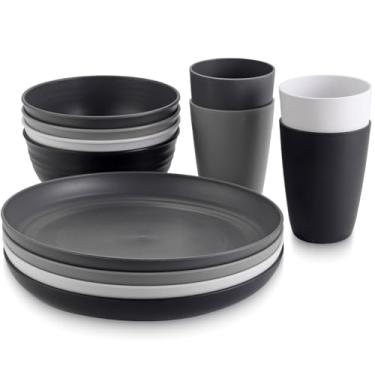 Imagem de Anbte Conjunto de pratos e tigelas de plástico, conjunto de jantar de acampamento inquebrável, reutilizável, seguro para micro-ondas e lava-louças, para cozinha ao ar livre e piquenique