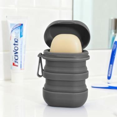 Imagem de Caixa de sabão de viagem portátil com tampa suporte de sabão dobrado à prova de vazamento para esposa, mãe, negócios, viagens, aventuras ao ar livre (cinza)