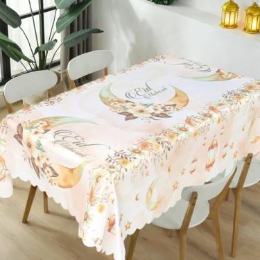 Imagem de Toalha de mesa Ramadan Mubarak, toalha de mesa aquarela Eid Mubarak Wave Edge, toalha de mesa retangular de plástico com flores da lua para decoração do Ramadã e suprimentos de lembrancinhas de festa