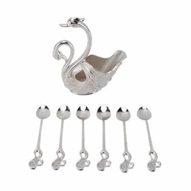 Imagem de Conjunto de louças de cisne Conjunto de talheres de metal elegante com suporte decorativo de base de cisne e 6 colheres para misturar café, sobremesas, festas, casamentos (Branco Prateado)