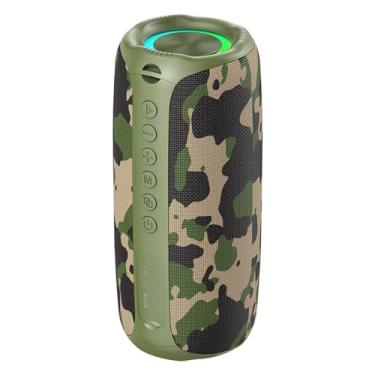 Imagem de Asixxsix Caixa de som Bluetooth portátil sem fio com luzes RGB, som surround 360°, alcance de 10 metros, à prova d'água, ideal para festas, praia e camping ao ar livre. (Camuflar)