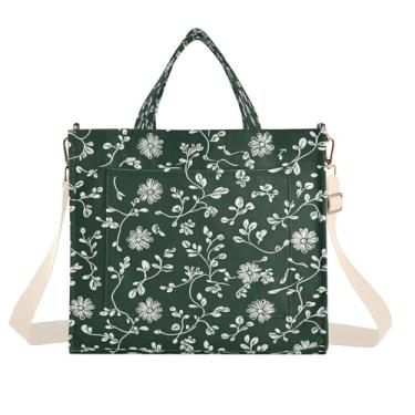 Imagem de Burbuja Sacola feminina verde escura com flores em veludo cotelê, bolsa tiracolo para compras, trabalho, viagem, P, B387, Medium
