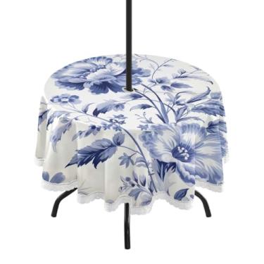 Imagem de CEBUGI Toalha de mesa redonda para uso ao ar livre, vintage, floral, impermeável, com furo Umberlla, capa de mesa lavável para pátio, cozinha, sala de jantar, 152 cm