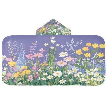Imagem de Burbuja A Field of Wildflowers Toalha de banho com capuz para crianças, toalha de praia de pelúcia macia absorvente para meninas e meninos 3-10 anos, 61 x 127 cm