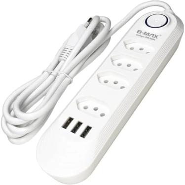 Imagem de Filtro de Linha B-Max com 4 Tomadas + 3 USB, Extensão 2m, Bivolt, Botão Liga/Desliga (BRANCO)