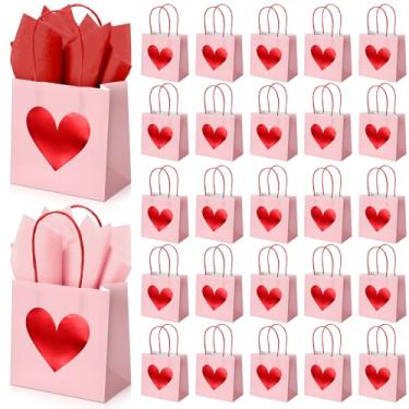 Imagem de Silkfly Pacote com 24 mini sacos de presente de dia dos namorados com papel de seda, 12 x 12 x 7,6 cm, mini sacos vermelhos de coração com alças para presente de dia dos namorados, presente de