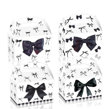 Imagem de 24 caixas de presente elegantes com tema de laço preto e branco, design quadriculado e padrão de laço, perfeito para lembrancinhas de festa, aniversários, casamentos e ocasiões especiais