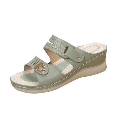Imagem de Sandália feminina de verão, salto cunha, boca de peixe, com sola grossa, casual, para uso externo e interno, Verde, 34
