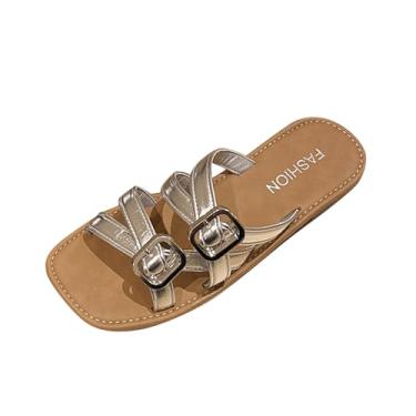Imagem de Sandálias femininas femininas casuais de verão com tira de dedo do pé para uso na praia, design de cabeça redonda, calçado, uso interno e externo, Prata, 35