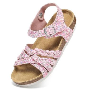 Imagem de XTJSCBDSH Sandálias para meninas e meninos com palmilha de cortiça, fivela ajustável, tira trançada com tira traseira aberta nos dedos dos pés, sandálias deslizantes, sapatos casuais de verão para