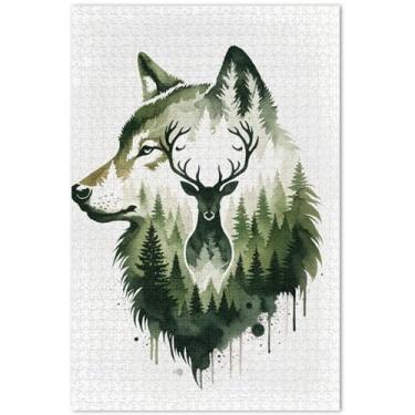Imagem de Quebra-cabeça de pintura em aquarela de veado lobo 500 peças para adultos família presentes de elefante branco presentes personalizados para homens paisagem paisagem, 51 x 35 centímetros
