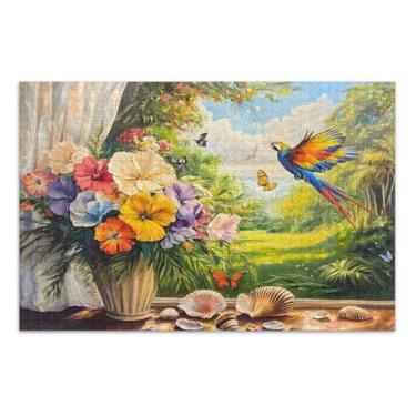 Imagem de Quebra-cabeças trippy verde papagaio flores para adultos com letras nas costas 500 peças grandes quebra-cabeças para adultos