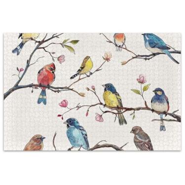 Imagem de Quebra-cabeça de pássaros coloridos com árvore empoleirada, 1000 peças, adultos, jogos, presentes, paisagem, arte, brinquedo, pintura