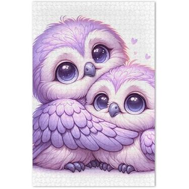 Imagem de Quebra-cabeça de corujas de lavanda Lovebirds fofos para adultos, 500 peças, engraçados, divertidos para adultos, pintura de animais, 51 x 35 cm