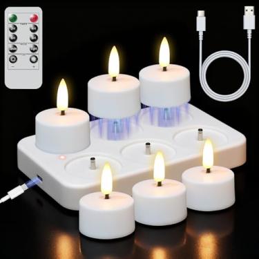 Imagem de Lasumora Luzes de chá recarregáveis com temporizador remoto e base de carregamento, 6 velas de LED operadas por bateria, luzes de chá sem chama para decorações de Halloween, decoração de casa