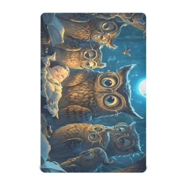 Imagem de Jogo de lençol com elástico de coruja azul lua azul para meninas, lençol com elástico, macio, respirável, mini berço, 99 x 68,5 cm, essencial para bebês