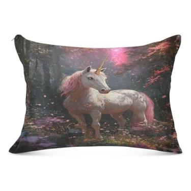 Imagem de Capa de almofada elegante de unicórnio rosa brilhante Queen 53 x 54 polegadas capas de travesseiro com zíper amigáveis à pele capas de travesseiro antiestática