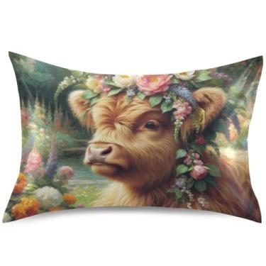 Imagem de Capa de almofada Highland Cow Cute Animal Floral Cetim Cute Art Cooling Pillow Slips King Queen Standard Pillow Cover Capas de almofada, tamanho padrão, 66 cm x 50 cm
